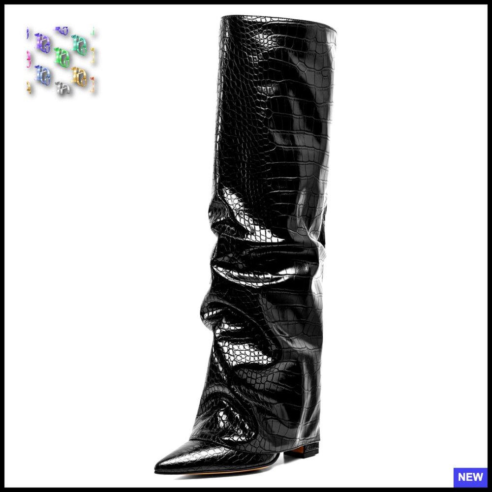 Slouchy Knee High Boots Pointed Toe Chunky Heel Fold Over Y2k Modern